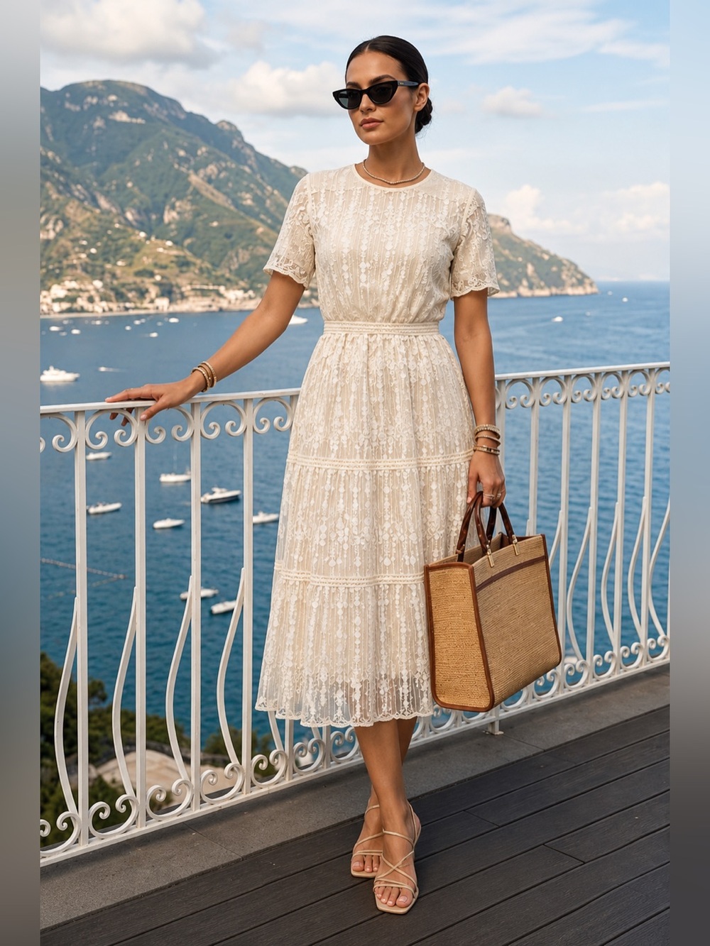 Women’s Ivory Lace Midi Dress Size M BNWOT Elegant Tiered Dress